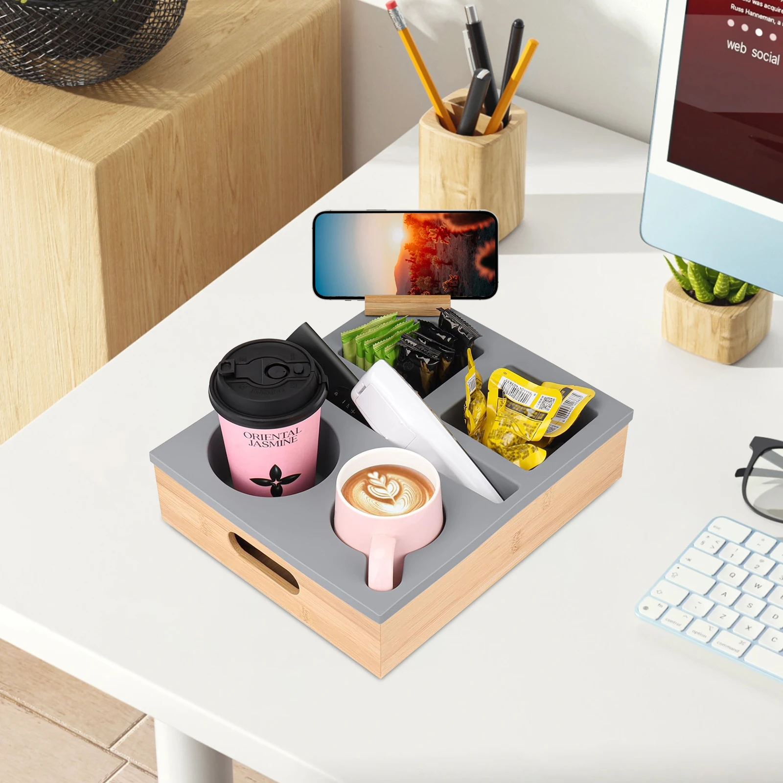 Couch Cup Holder Tray, Couch Caddy with Rotatable Phone Holder, Couch Tray for Bed Car Beach Organizer, Anti-Spill for Snacks 2