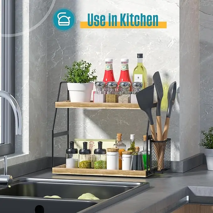 2-tier wooden countertop organizer – with basket, for bathroom/kitchen 6