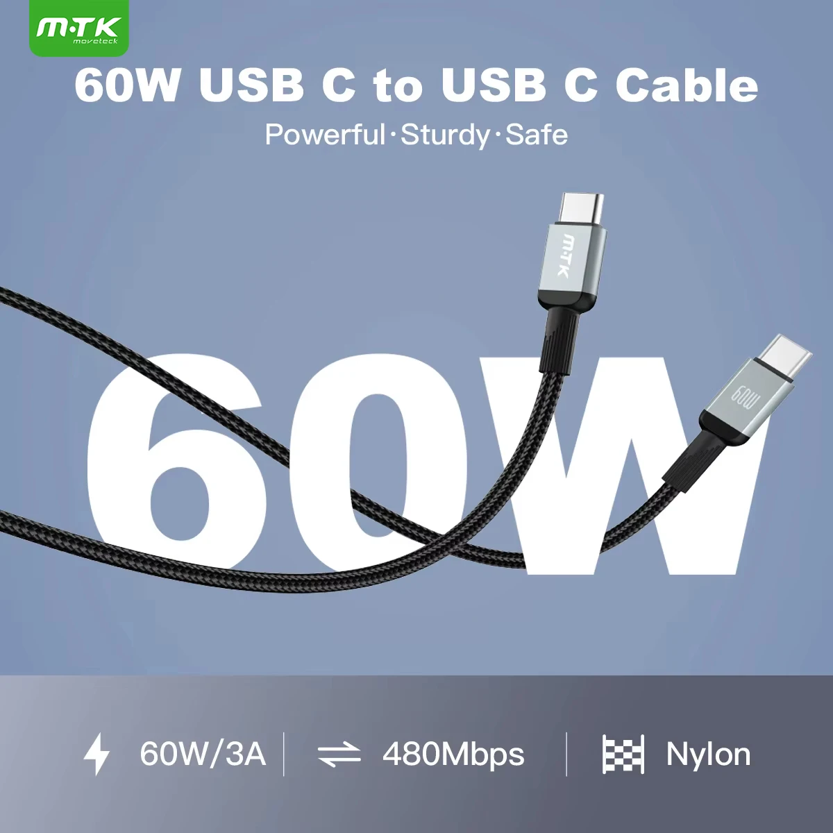 Cable 60W USB C a USB C, Carga Rápida y Transmisión de Datos a 480Mbps, Cable Trenzado de Nylon de 2m (6.6ft), Resistente a Dobleces (20000+ curvas), para Teléfonos, Tablets y Portátiles – Negro/Blanco