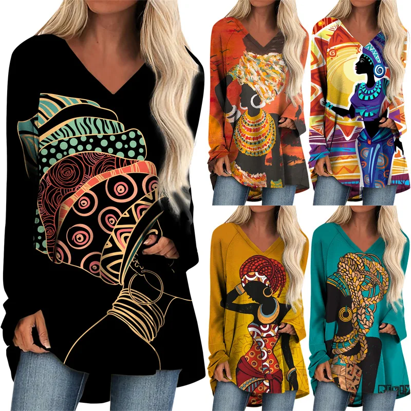 

Spring Autumn New Fashion Women Casual Long Sleeve T-Shirt Beatiful African Black Girl 3D Print Elegant Loose V-Neck Blouse Tops