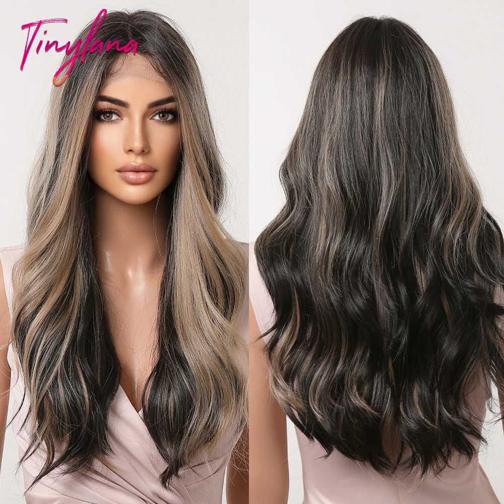 Black Brown Mixed Blonde Synthetic Lace Hair Wigs Long Body Wave Ombre