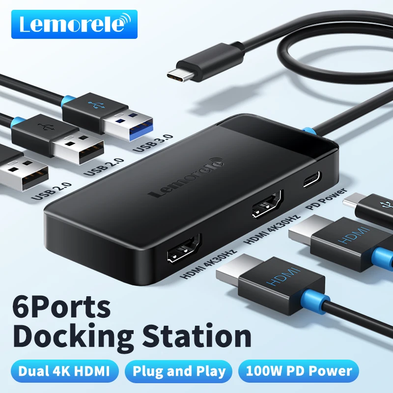 Lemorele tc122 6-em-1 usb c hub 4k docking station duplo hdmi & dp 4k para macbook dell hp 100w pd usb 3.0 multi monitor adaptador