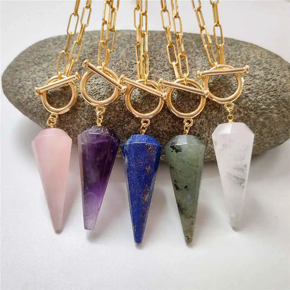 

FUWO Wholesale Natural Rose/Purple Quarzt Pendulum Neckace, Golden Plated Lariat Link Chain Jewelry For Women 5Pcs/Lot NC390