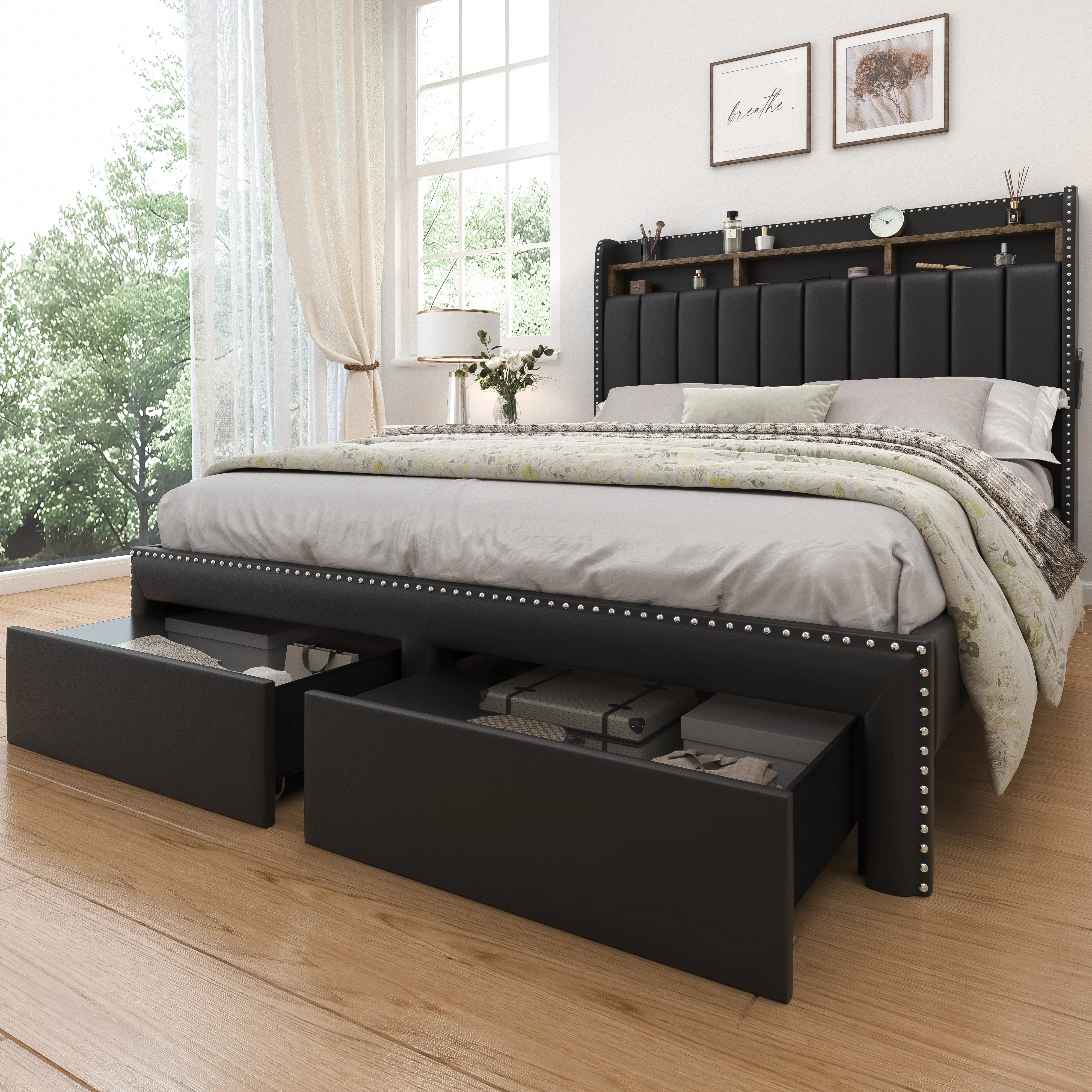 SIBEDS Queen LED Bed Frame with Storage Drawers, Upholstered Platform Bed with 2-Tier Wingback Headboard, No Box Spring Needed