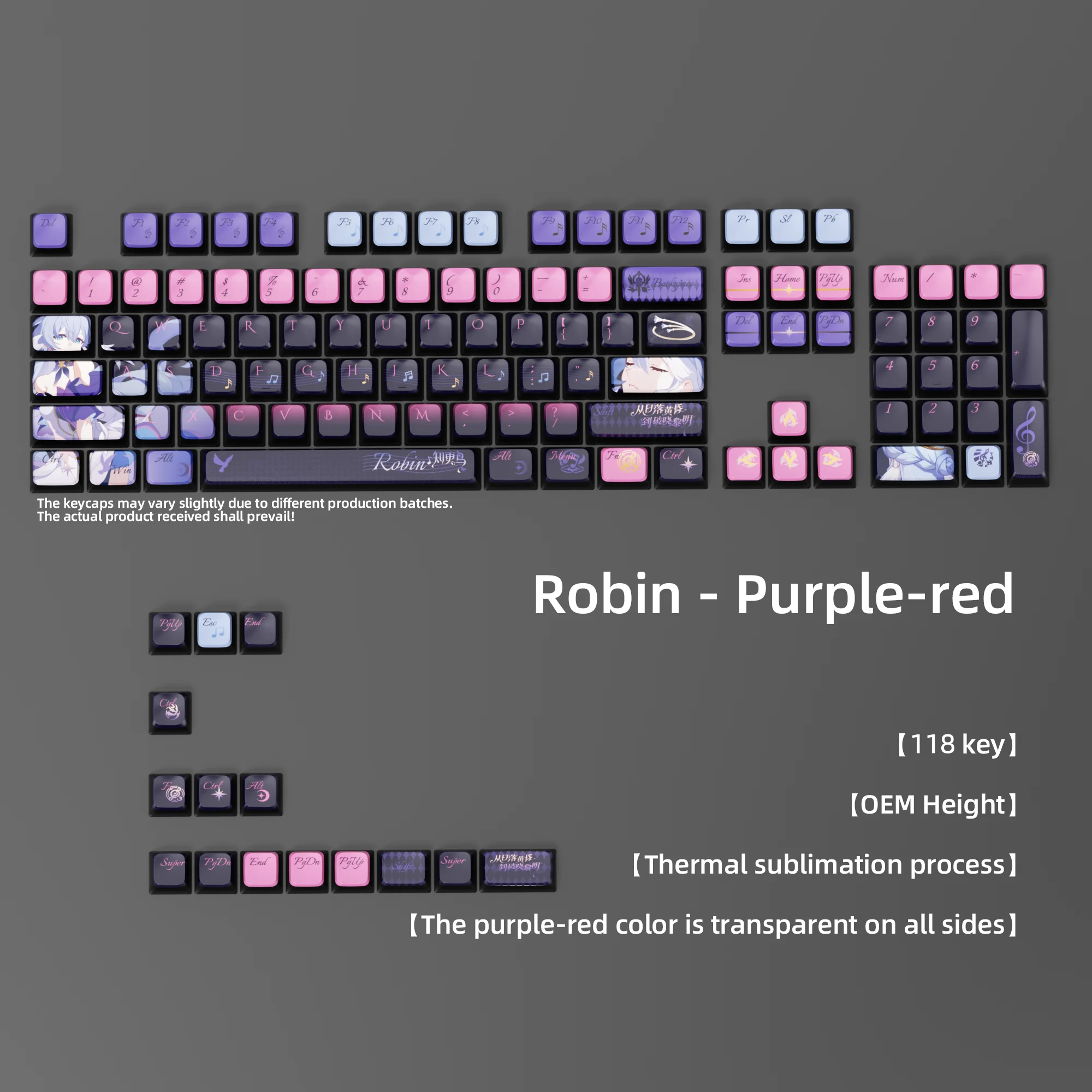 Robin-Themed 118-Key Keycap Set with Four-Sided Translucent Design and Dye-Sublimation Finish