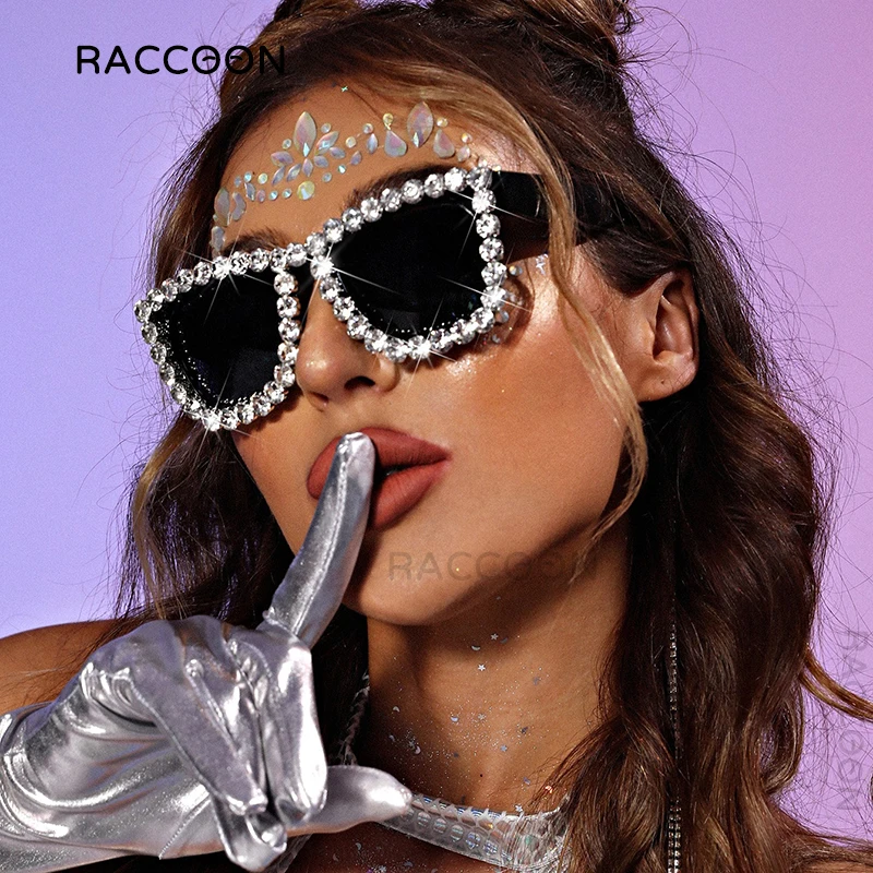 Rhinestones Cat Eye Glitter Sunglasses Women Cateye Vintage Sparkling  Crystal Diamond Sun Glasses Model Catwalk Bling Eyewear