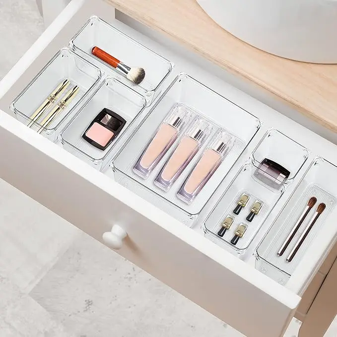 13-Piece Drawer Organizer Set, Plastic Storage Bins with Non-Slip Pads, Clear Desk Storage Trays for Makeup, Jewelry 5