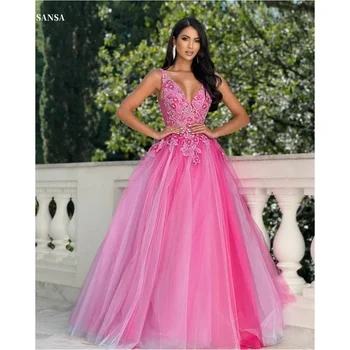  Sansa Pink V-Neck Ball Gown Customized Prom Dresses Pleated Backless Party Dresses Floor-Length Tulle Evening Dresses 2025