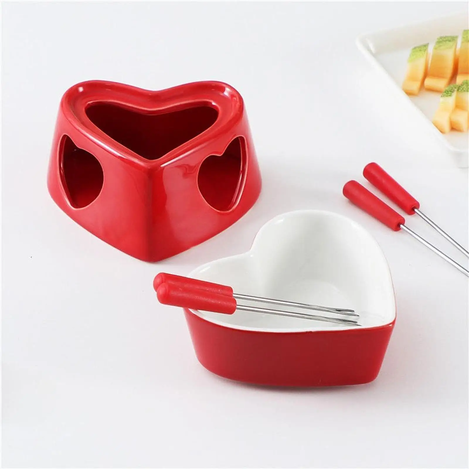 Pottery Fire Boiler Bowl Warmer DIY Crafting Ornament with 4 Forks Butter Mini Fondue Pot for Valentines Day Kitchen Home