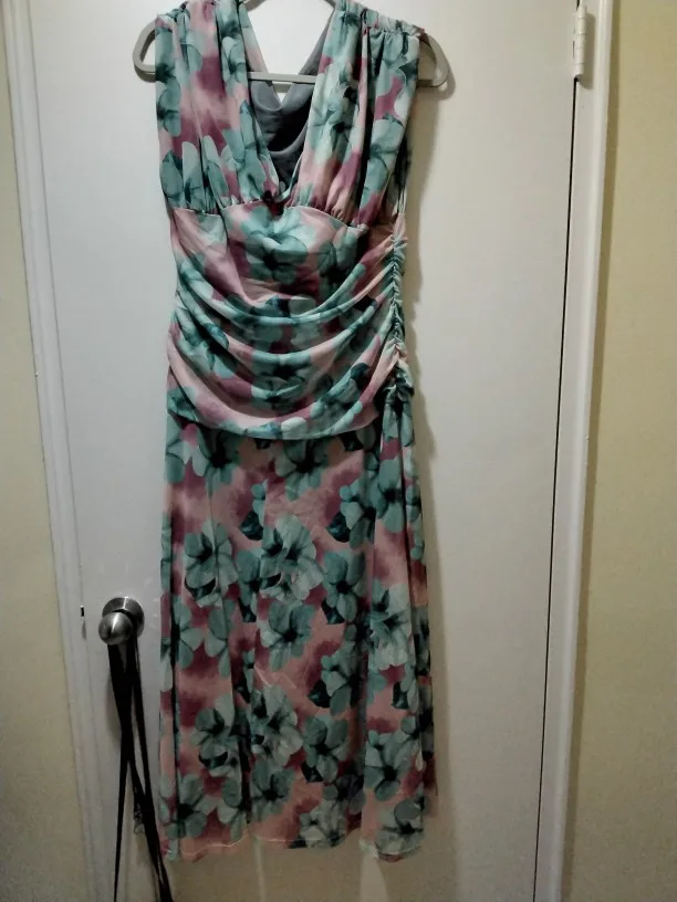 2025 Floral Print High Waist Pleat Party Dress Elegant Women Bat Sleeve Swing Party Dress Female Chest Low Cocktail A-Line Dress photo review