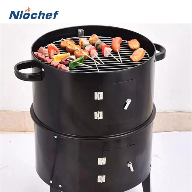 Bbq Grill Kerek Faszén Kályha Kültéri Szalonna Hordozható 3 -Ba 1 -Ben Grillezők Dupla Fedélzeti Dohányzó Kemping Piknik Főző Eszköz - Image 5