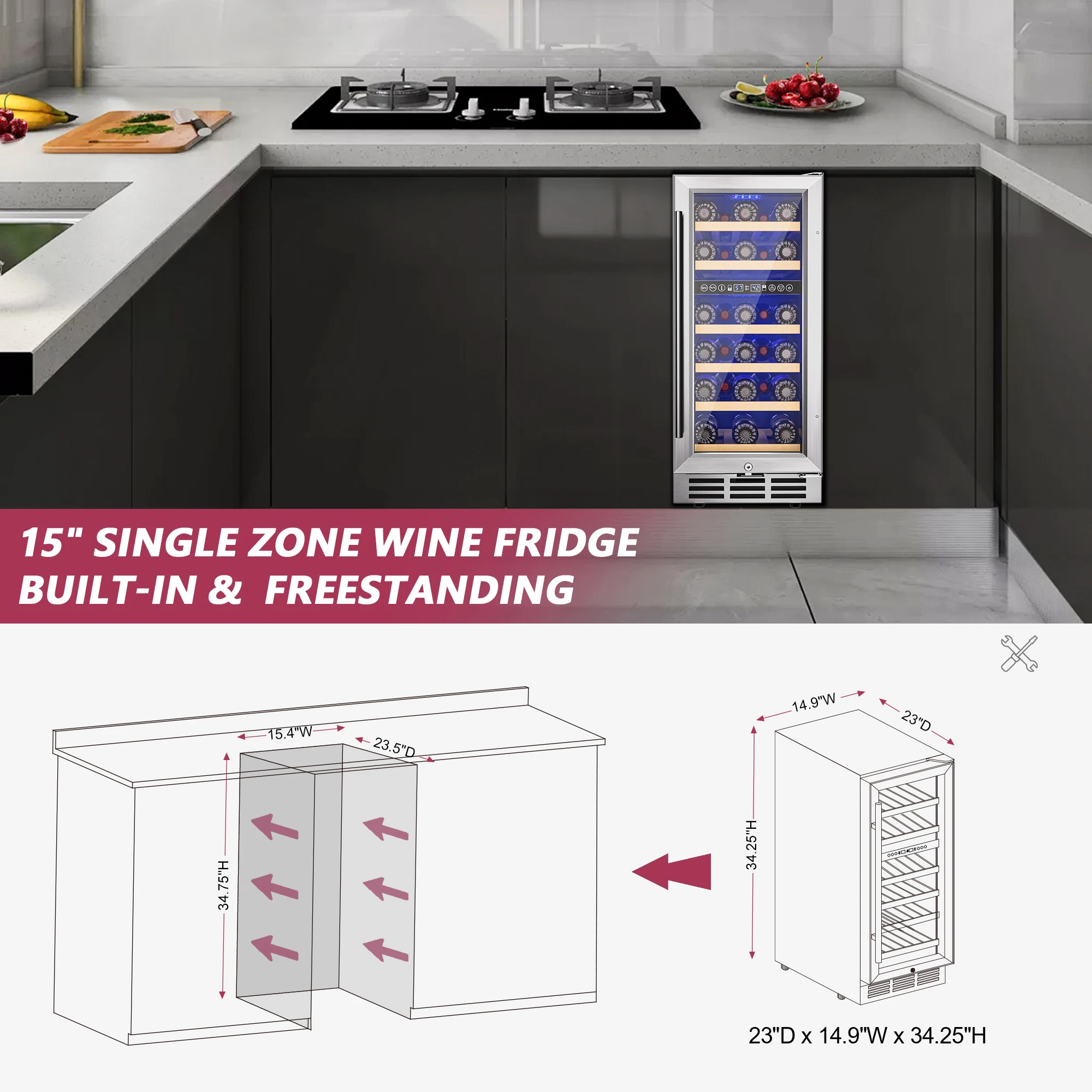 SIMZLIFE 15 Inch Wine Fridge Dual Zone Wine Cooler with Digital Temperature Control with Double Layer Glass Door 33 Bottles 6