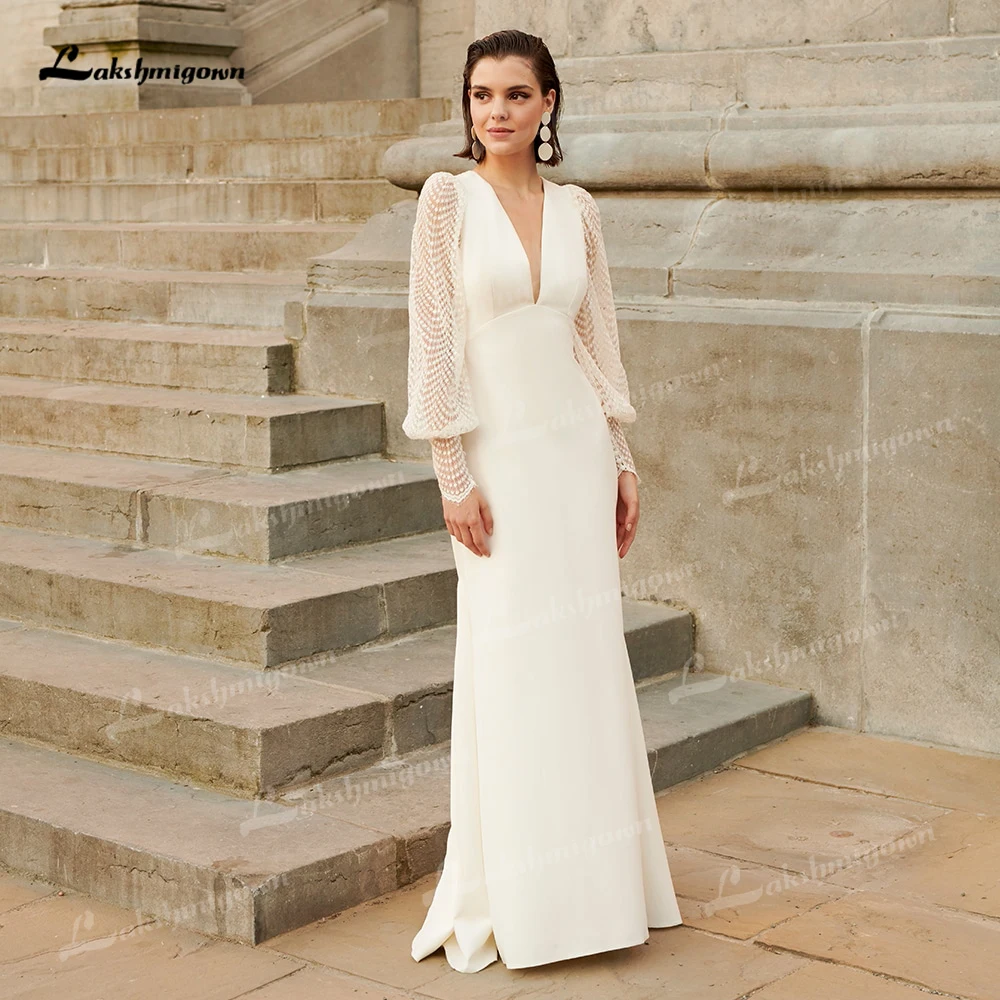 Mermaid Wedding Dress - Boho Bridal Gown With Lace Puff Sleeve & V Neck