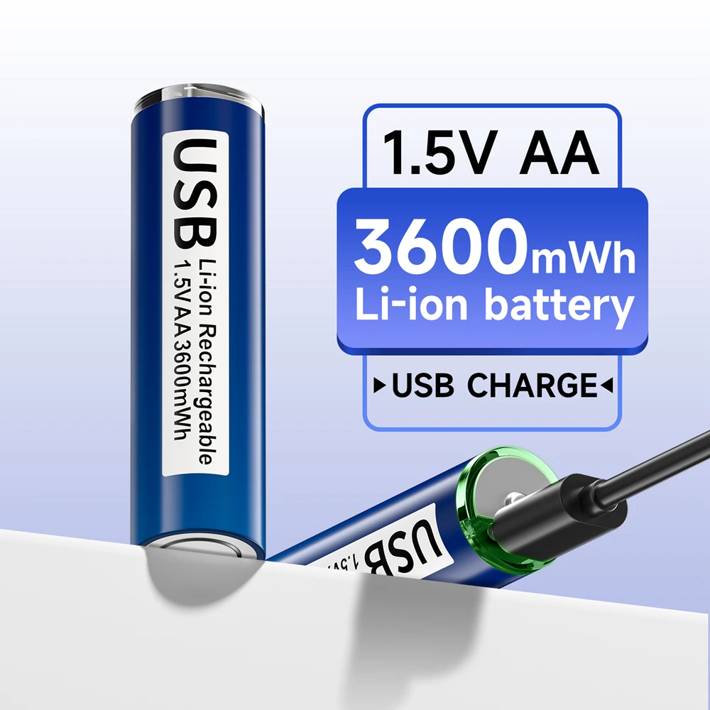 PALO 1-20pcs High Capacity 1.5V AA Li-ion Battery 3600mwh Li-Polymer Type C USB Rechargeable Lithium AA Battery + free Cable