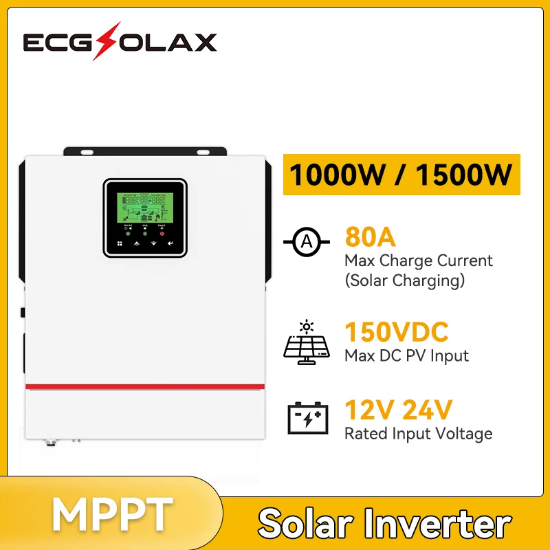 Ecgsolax 1000W 1.5Kw Inverter Solare Ibrido 12V 24V 220V Inverter Ibrido Off-Grid Costruito In Inverter Controller Solare Mppt 80A