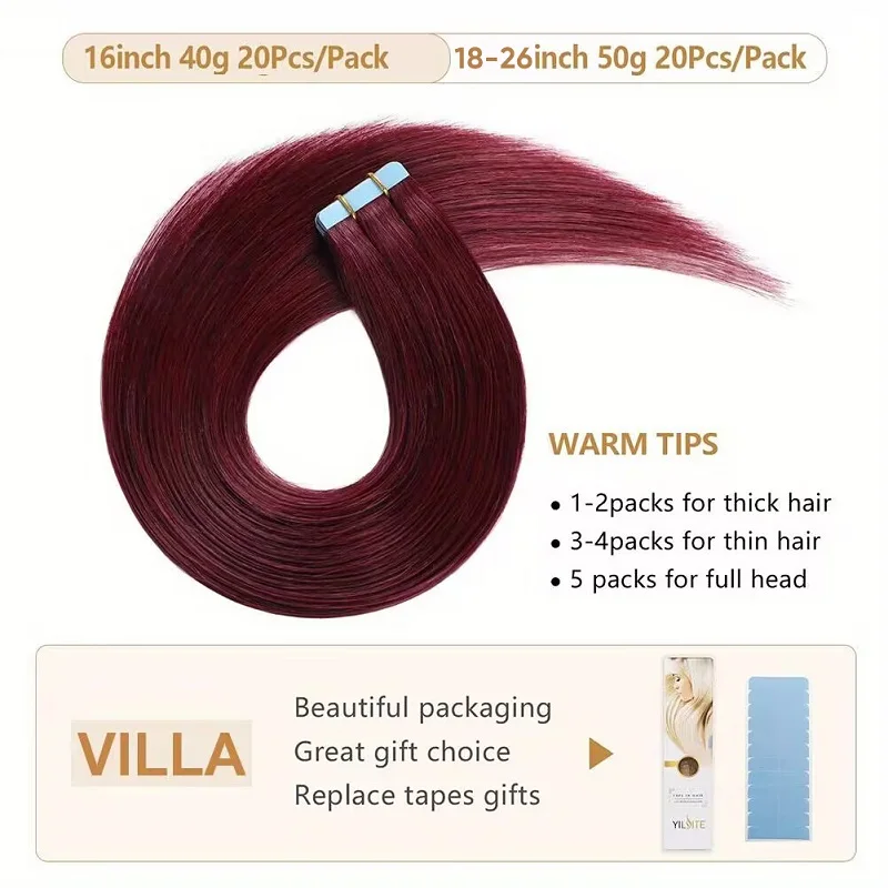 Alimice 99J# Burgundy 20pcs Tape Straight Hair Extensions Human Hair Extensions Invisible Tape In 50g