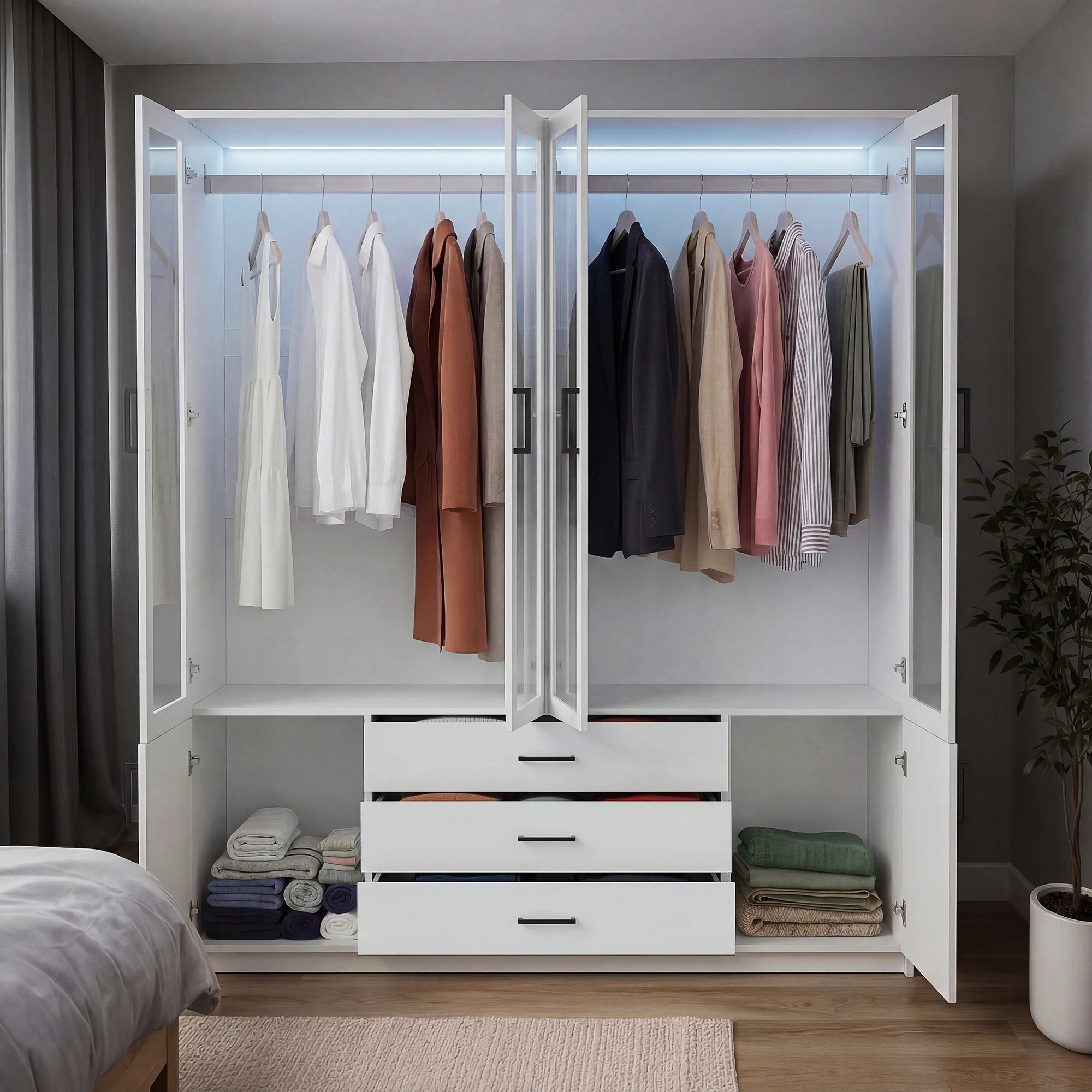 Kleiderschrank Weiß mit Ganzkörperspiegel und 4 Schubladen, schmaler Schrank modern, Mehrzweckschrank mit Drehtüren, Flurschrank Garderobenschrank für Schlafzimmer – Detail 2