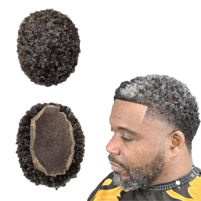 Mongolian Virgin Human Hair Piece 4mm Afro Toupee #1Grey Full Lace Units for Black Man