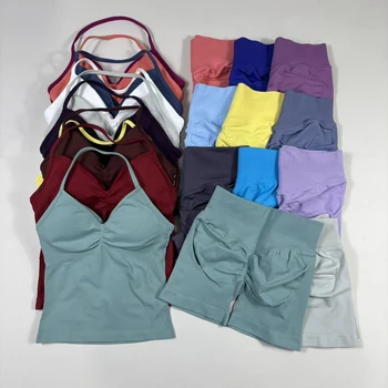 Yoga Gym Set Women Backless Tank Tops High Waist Scrunch Seamless Shorts Gym Suit Fitness Clothes Activewear Workout Sets 1