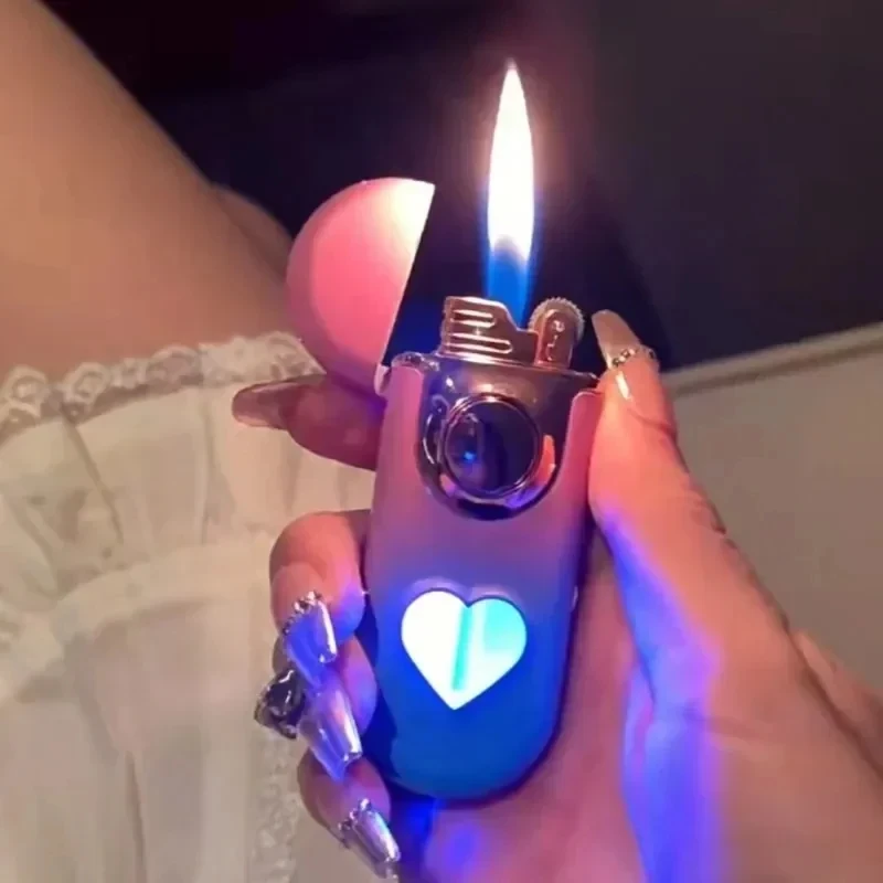 

New Metal Love Visual Window Double Flame Lighter Metal Grinding Wheel Inflatable Butane Gas Lighter Gift For Men And Women