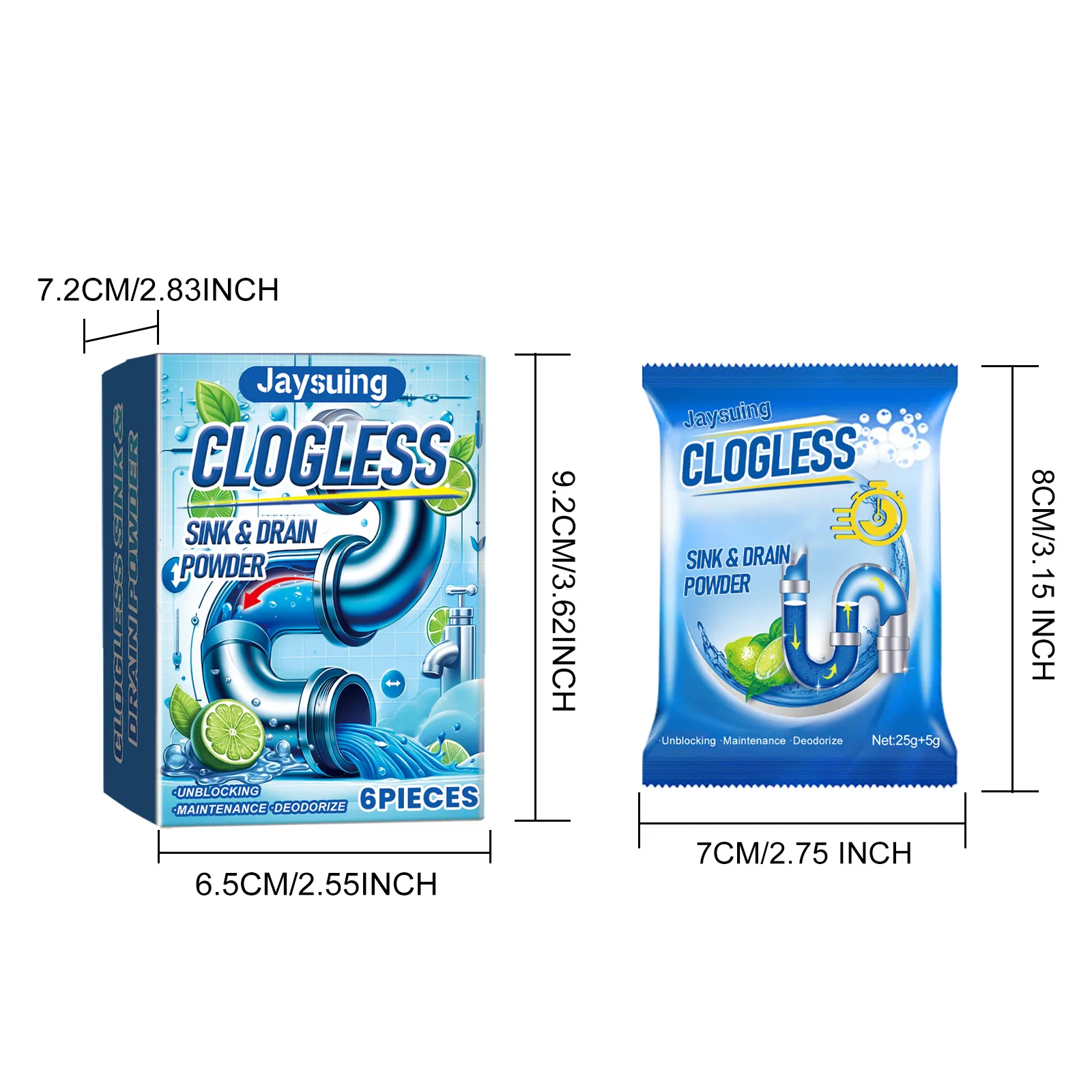 Jaysuing 6pcs Drain Pipe Blockage Removal Powder Clean Stubborn Clog Kitchen Sewer Deodorant Light Fragrance Pipe Dredging Agent