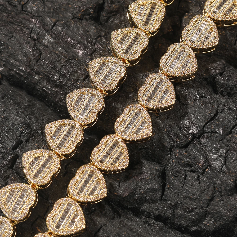 TBTK 12mm BaguetteCZ Heart Necklace Full Paved Out Cubic Zirconia Link Chain Luxury Jewelry Engagement Gift For Women