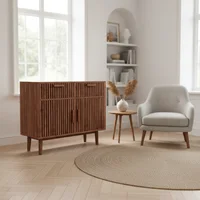 MINGZHE Commode avec 2 tiroirs et armoire, panneau coulissant, béquille, pour cuisine, salle à manger et salon, couleur noyer 2