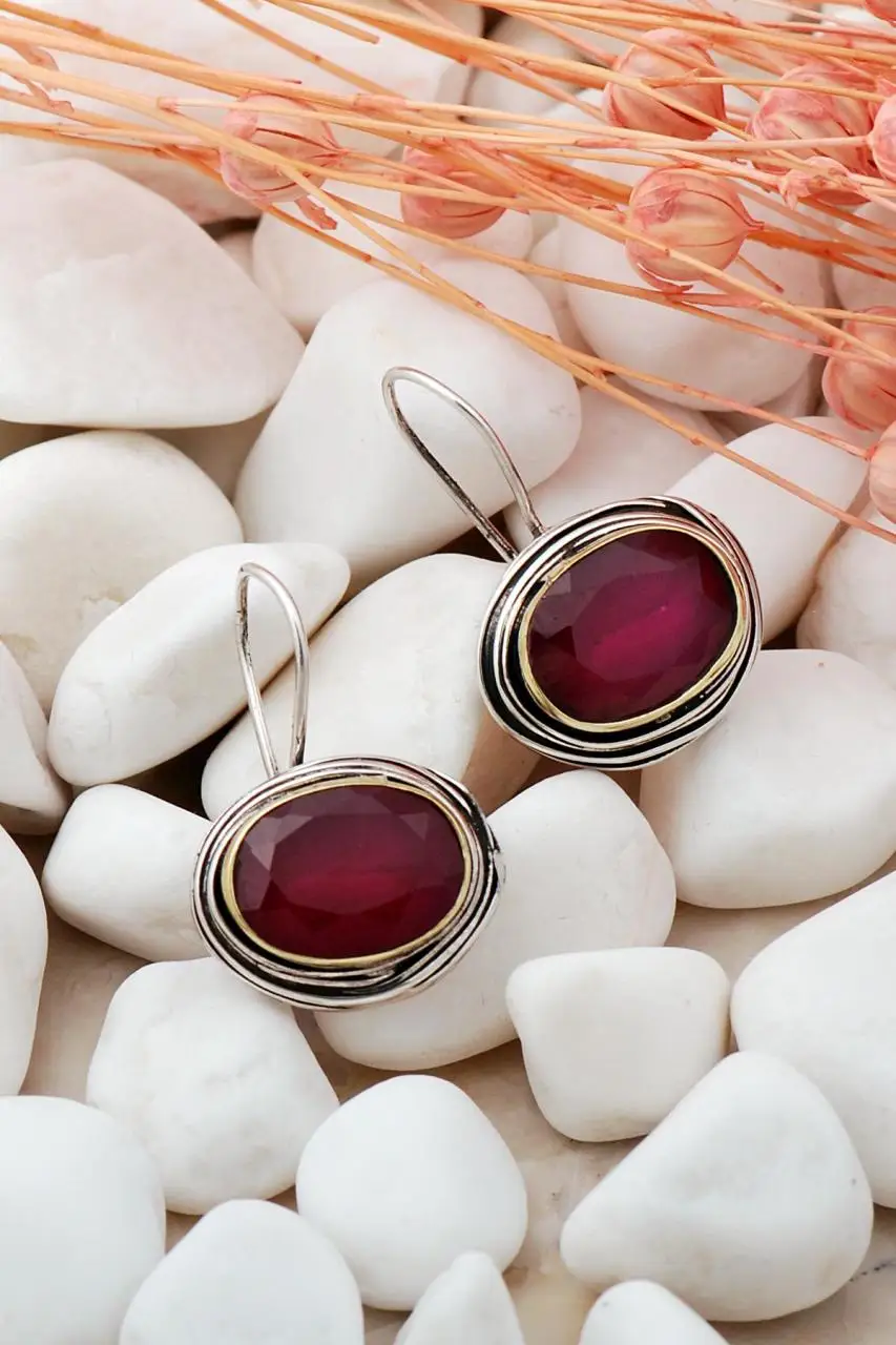 

Root Ruby Stone Wire Wrap Handmade 925 Real Silver Dangle Earrings Drop Earrings with Natural Stone Gift for Her for Women