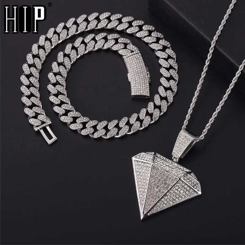 

HIP HOP Iced Out Diamond Shape Pendants With 13mm Cuban Link Chain AAA+ Pendants Necklaces For Men's Women Jewelry