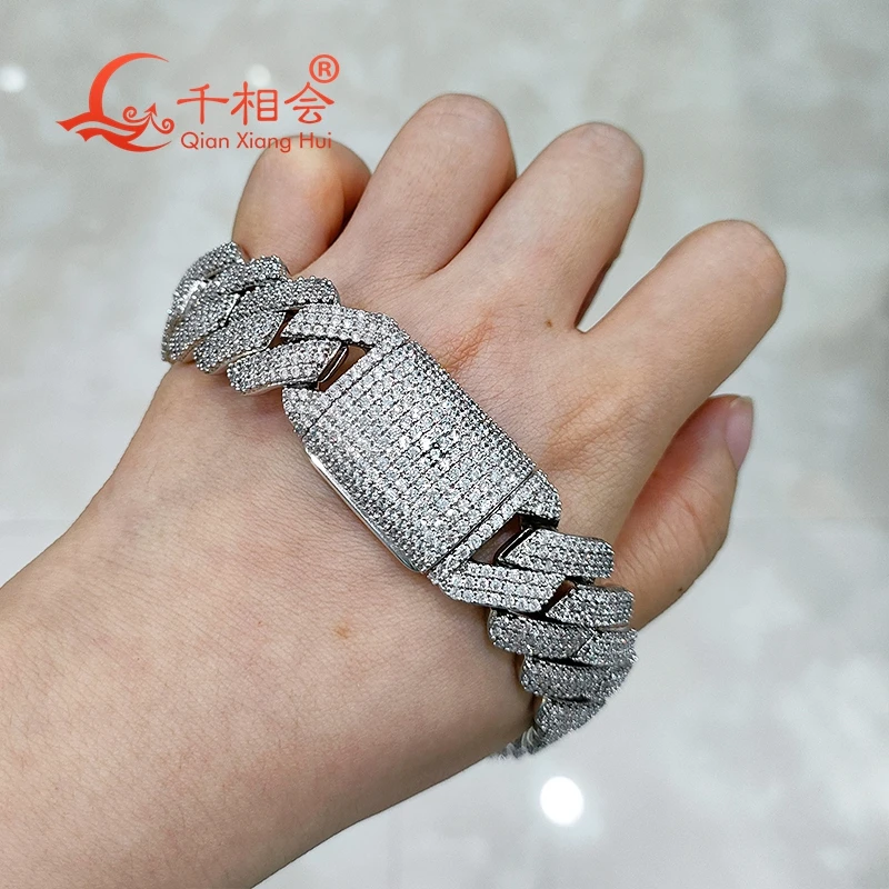 Bracelet 20-25mm  925  Silver three rows Cuban Link Iced Out Hip Hop white Moissanite  Chain Jewelry Women Men Gifts