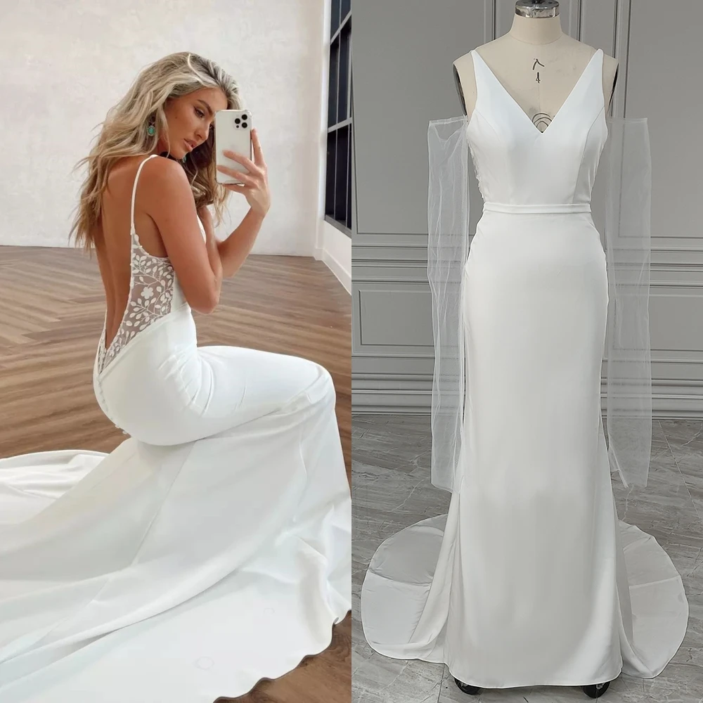 

10558# Real Photos V-neck Backless Illusion Sleeves Mermaid Lace Wedding Dress For Women Bridal Gown With Sweep Train فساتين زفا