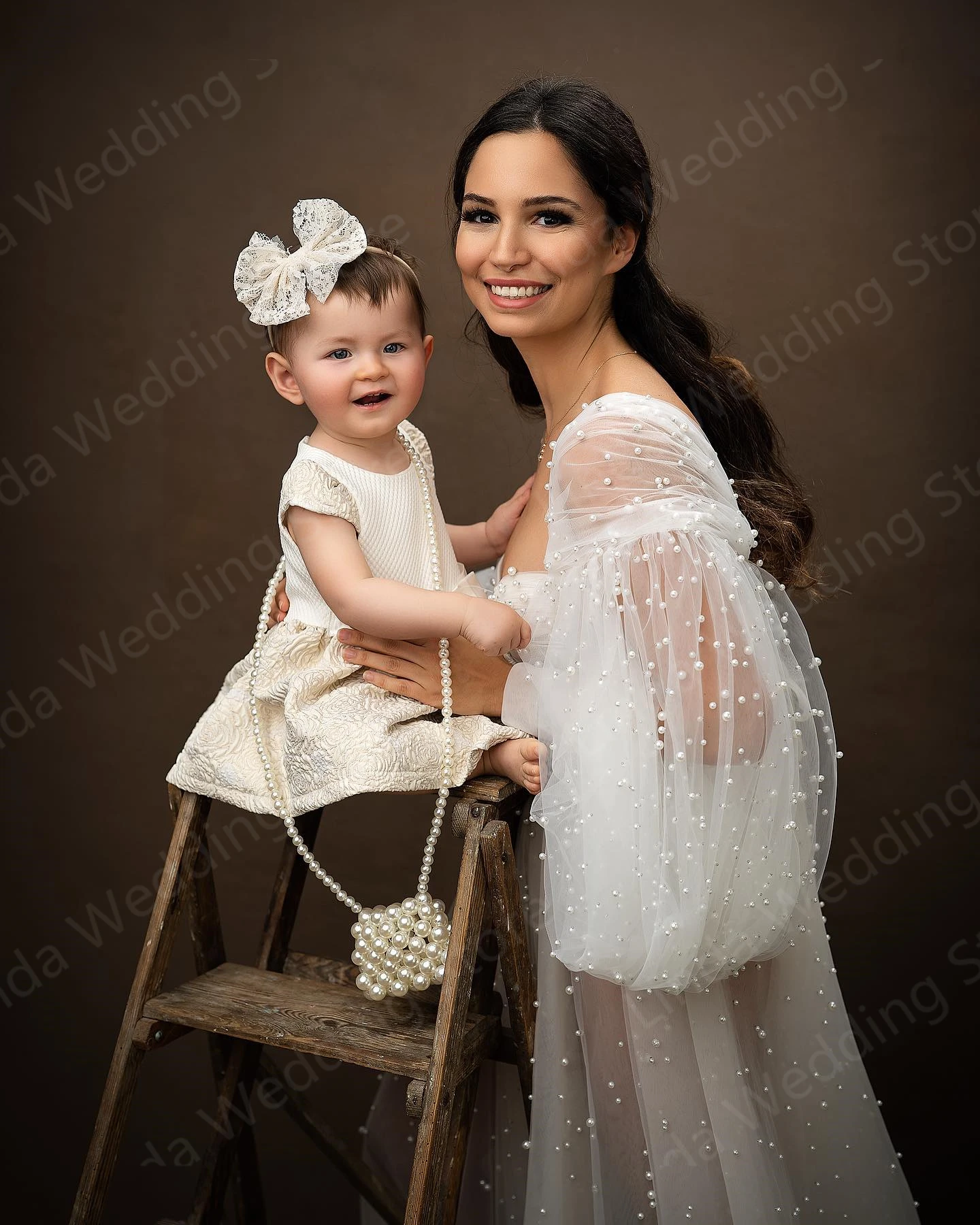 Ivory Bridal Pearls Maternity Dress for Photography Long Sleeve Pregnant Photoshoot Robe Photo Shoot Dresses Women Baby Shower