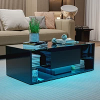 Table basse super brillante, table de salon avec LED et tiroirs, table de canapé noire moderne avec espace de rangement, table d'appoint avec 2 étagères en verre, pour salon 5
