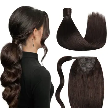 #2 Dark Brown Bone Straight Ponytail Magic Wrap Around Clip In Hair Extensions 100% Human Hair Extensions 10-26 Inches 120G/Set