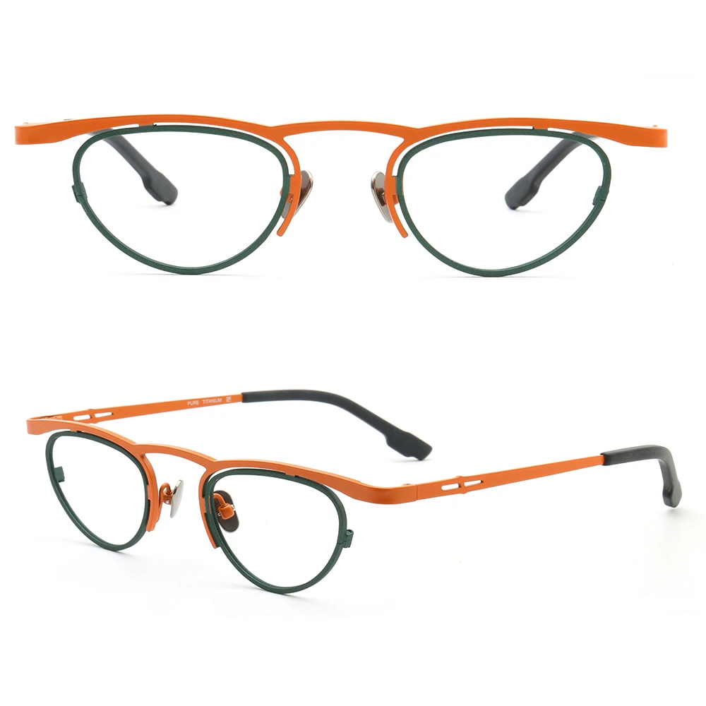 

Retro Women Cat Eye Glasses Frames Men Round Optical Eyeglass Frame Pure Titanium Orange Green Eyewear Rx Lightweight Eyeglasses