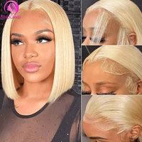 Perruque Bob Courte Lace Front 13x4 Transparente en Cheveux Humains Lisses 613 Couleur Blond Miel Brésilien 2