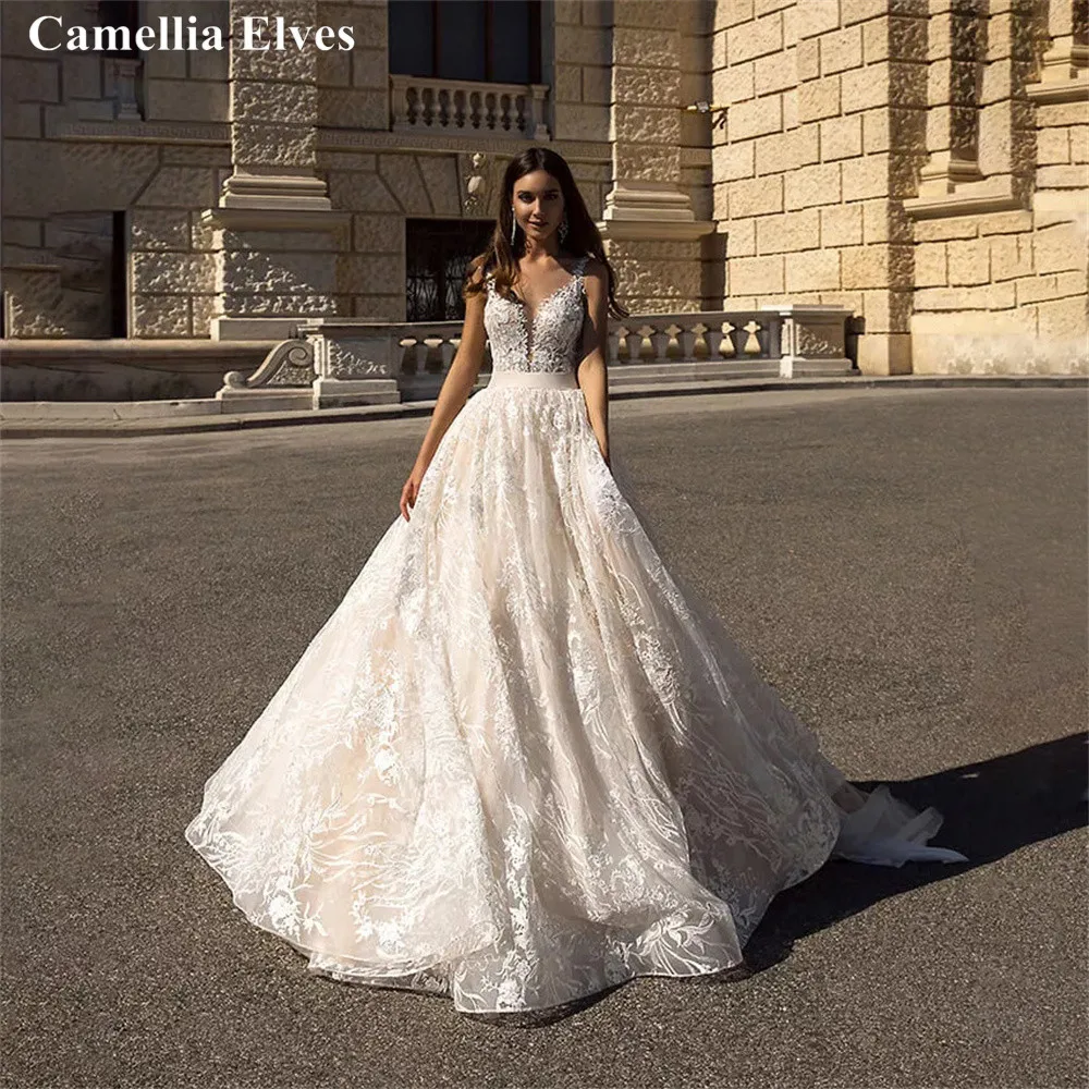 

Exquisite A Line Wedding Dresses For Women V Neck Bridal Dress Spaghetti Straps Backless Appliques Bride Gown Vestidos De Novia