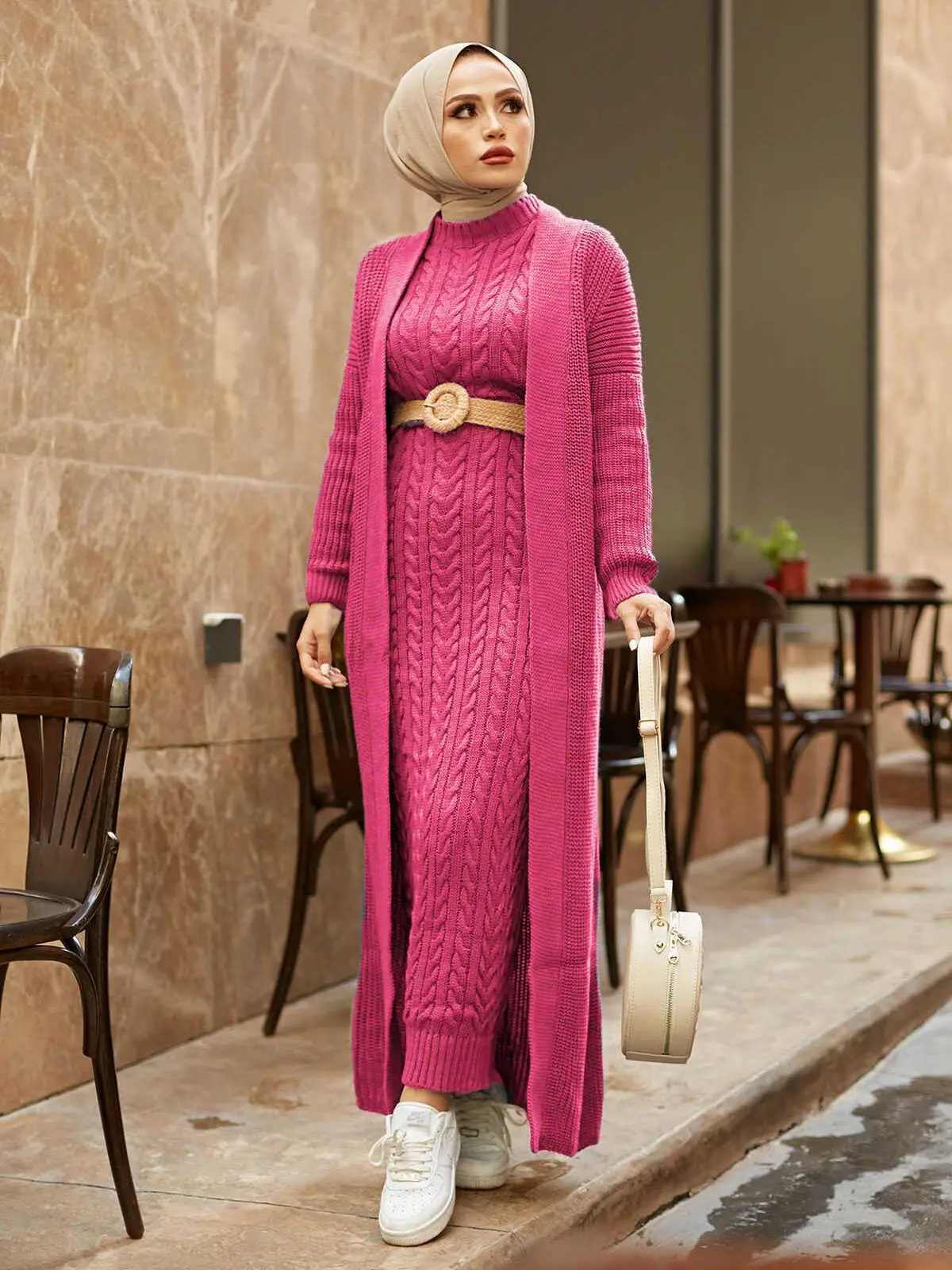Knitted Cardigan Hijab Suit Long Sleeve Dress Autumn Winter Women Muslim Fashion Hijab Clothing Stylish Suitable