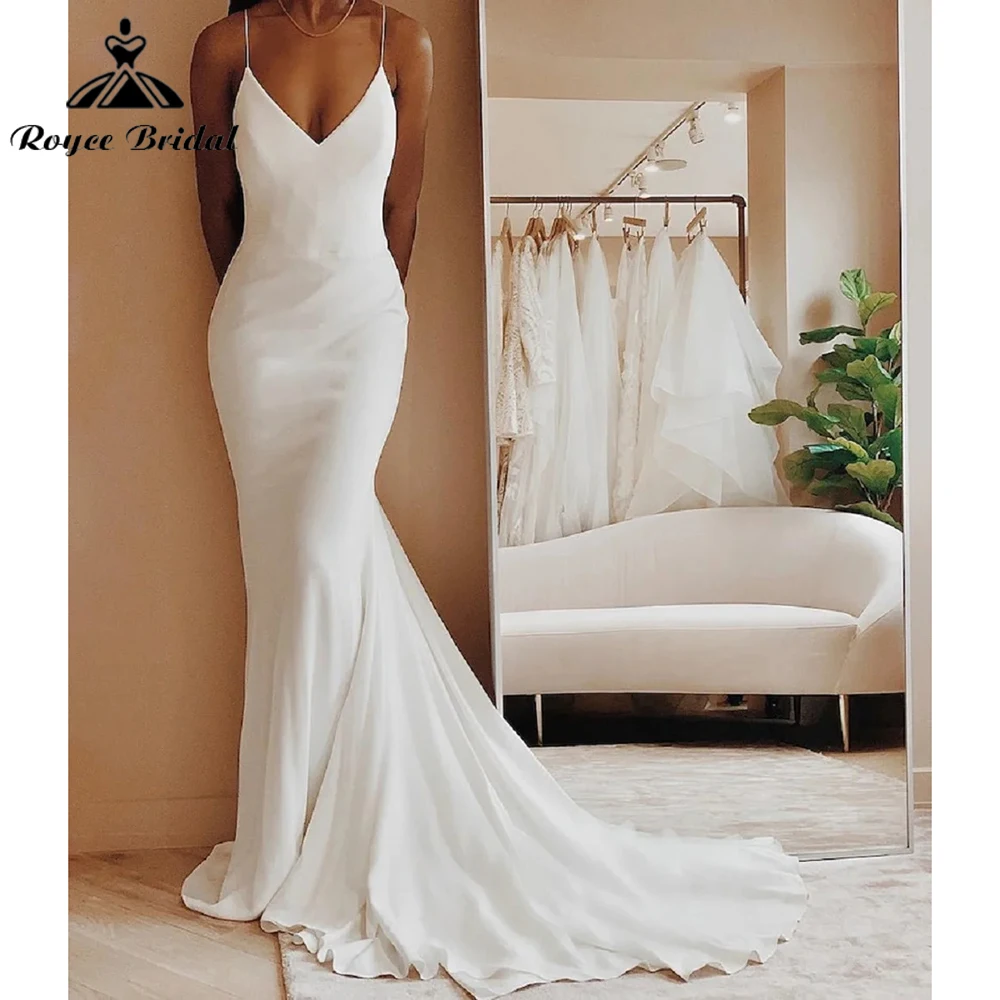 

Modern Simple Satin Wedding Dress V-neck Spaghetti Straps Backless Formal Pleat Bridal Growns vestido de noiva Sweep Train 2024