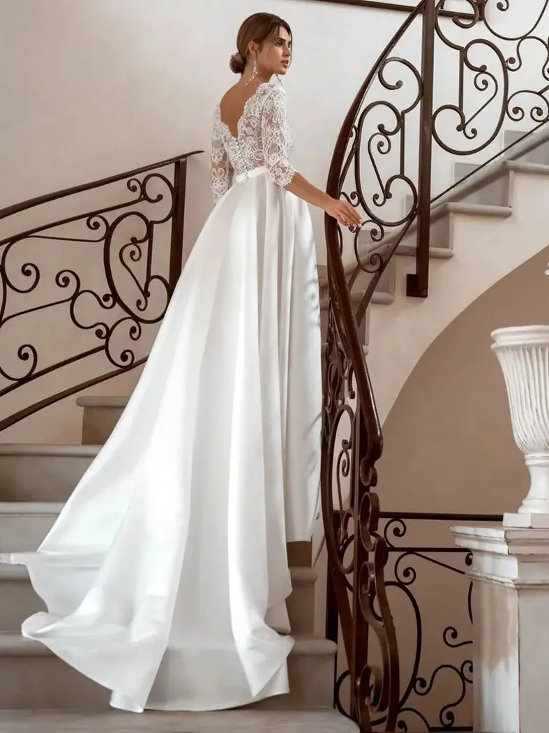 Vestido De Novia De Satén Con Cuello En V, Elegante Vestido De