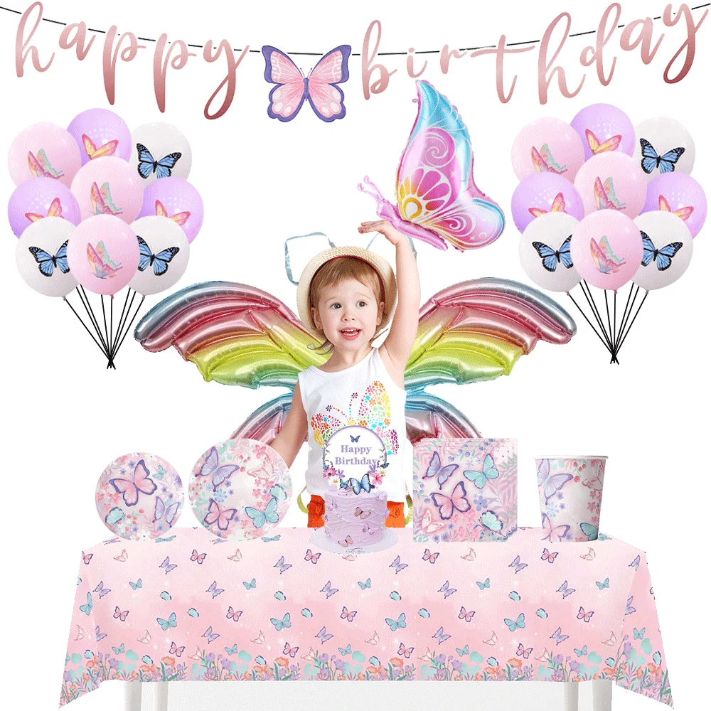 Rosa Schmetterling Themen-Party-Set Pappteller Becher Servietten Tischgeschirr-Set Babyparty-Geschenke Blumenmuster Fröhliche Geburtstagsdekoration