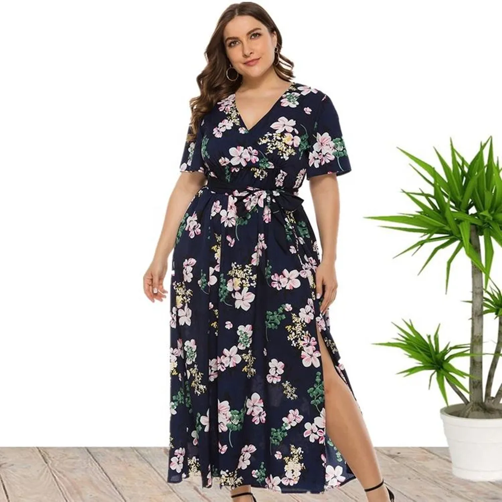 2021 summer casual women clothes v neck print short sleeve ruffle floral irregular dress plus size maxi long dresses Dropshipping V Neck Short Sleeve Floral Print Plus Size Maxi Long Summer Dresses For Women