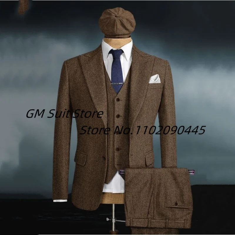 2022Men's 3-piece Suit (Jacket+Vest+Pants) Herringbone Lapel Solid Color Single-breasted Handsome British Style Suitable Wedding 4
