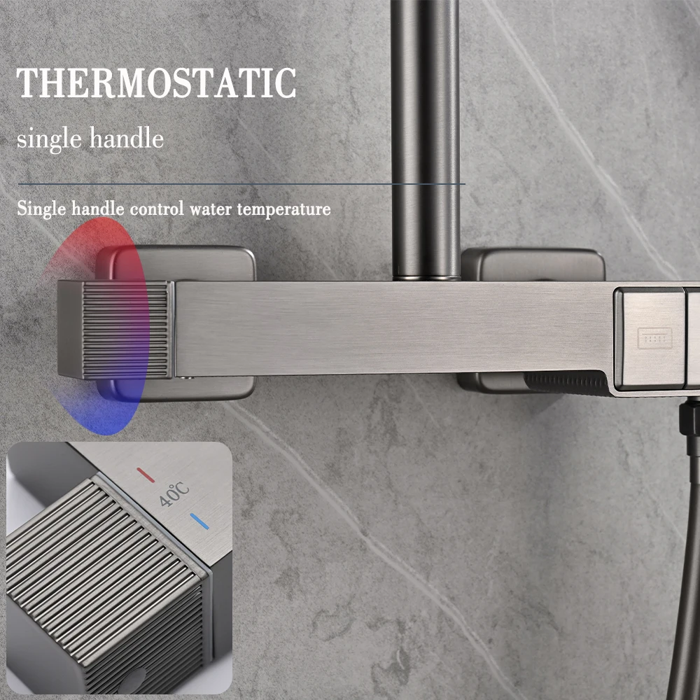 Smesiteli Gun Gray Brass Thermostat Shower System Sets Diverter Valve Kit Mixer Tap Hand Held Head Wall Spout Bathroom Faucet 5