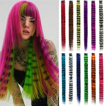 12 pezzi di extension per capelli sintetiche colorate a righe stampate, lunghe e dritte, adatte per l'uso quotidiano, per feste e per le vacanze.