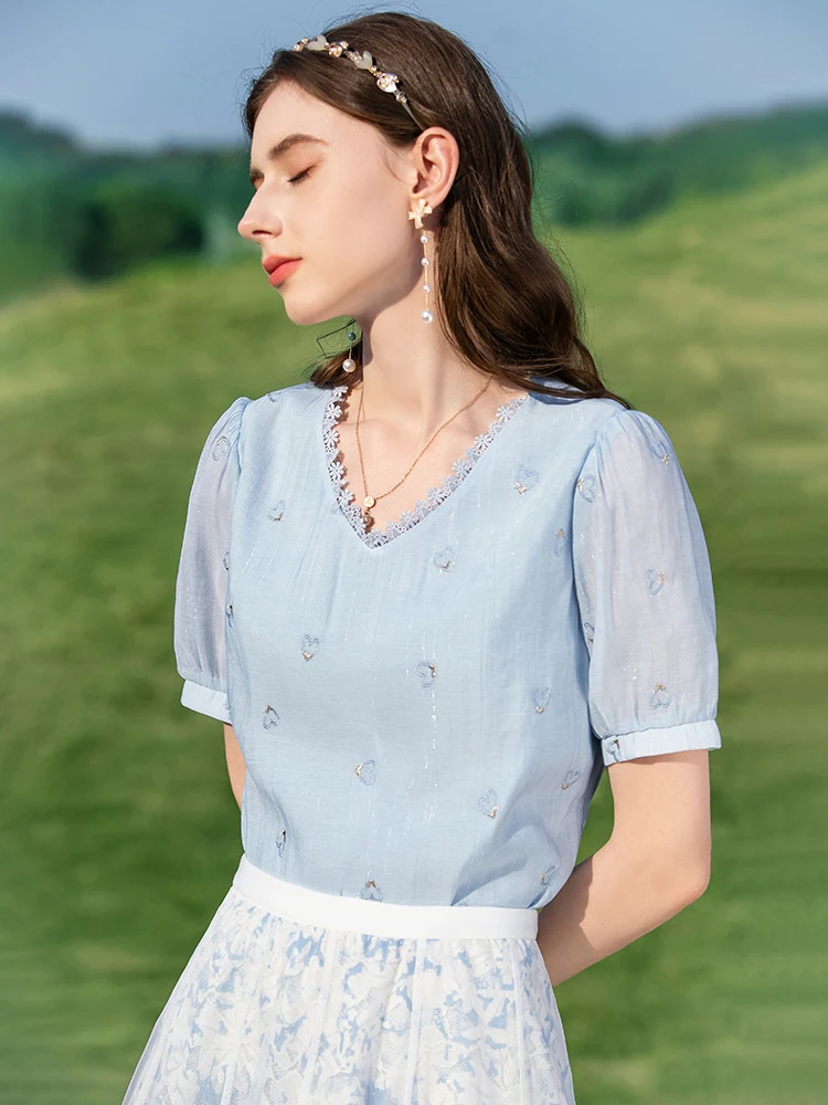 

I BELIEVE YOU Fashion Woman Blouses 2022 Summer Chic Vneck Pullover Embroidery Puff Short Sleeves Chiffon Women Top 2222204443