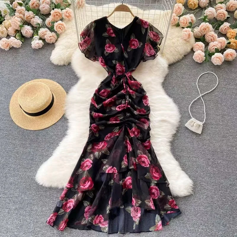 

WomenTemperament Robe V-neck Floral Chiffon Bodycon Fishtail Dress Vestidos Summer Sexy Party Ruffles Package Hip Fishtail Lace
