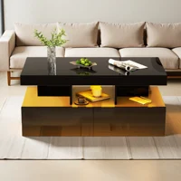 Superaly, Table basse avec lumières LED à changement de couleur, Table de loisirs multifonctionnelle pour appartements et maisons d'hôtes, Table basse de salon, Table basse de rangement avec deux tiroirs, Table basse de style panneau, Console de rangement, Table d'appoint, Noir 7
