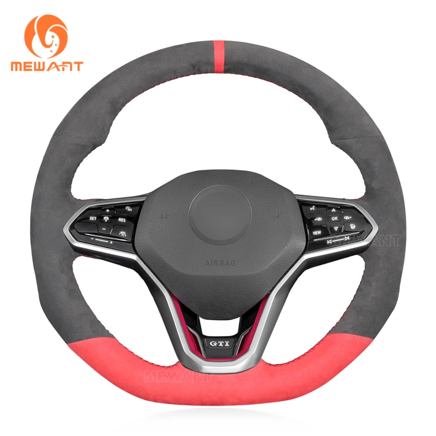 

MEWANT Red Alcantara Dark Gray Car Steering Wheel Cover for Volkswagen VW Golf 8 R GTI 8 GTD GTE Arteon Tiguan R-Line 2020-2021