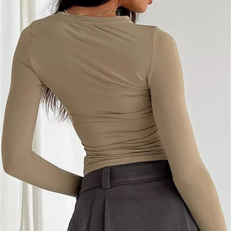 Solid Slim Fit Casual Women Long Sleeve T Shirt Spring Autumn Y2k Streetwear Crop Pullover Top Female O Neck Pullovers Basic Tee 3